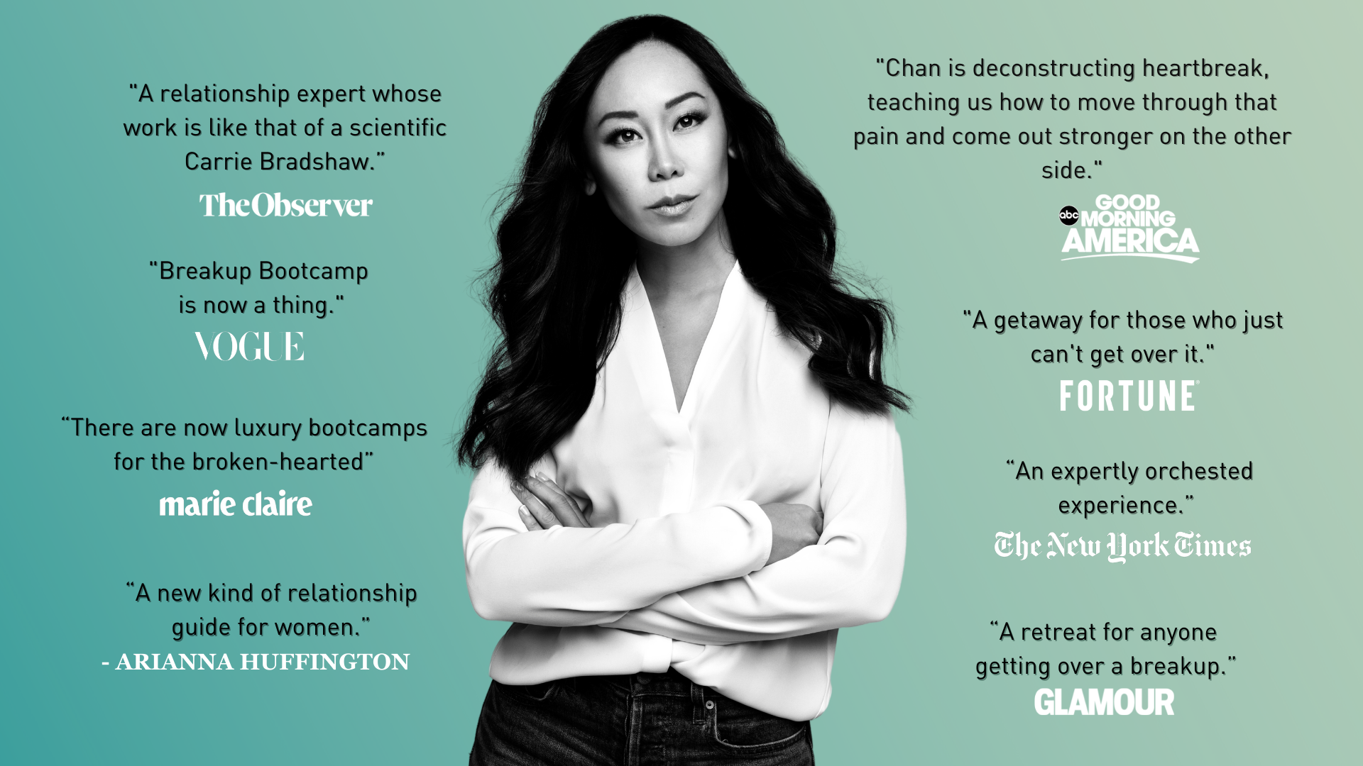 Amy Chan press quotes from The Observer, Vogue, Marie Claire, Arianna Huffington, Good Morning America, Fortune, The New York Times, and Glamour